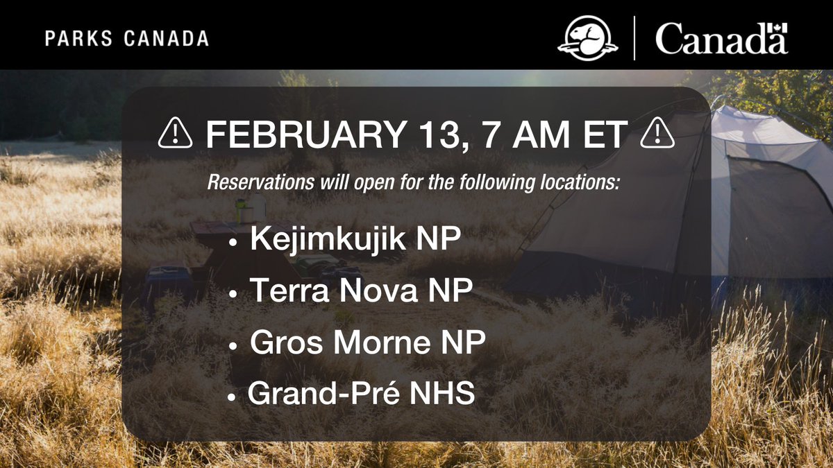 You can reserve your #camping2024 spot at <a href="/ParksCanada_NS/">Parks Canada, Nova Scotia</a> or <a href="/ParksCanadaNL/">Parks Canada, Newfoundland and Labrador</a> starting February 13! Be prepared! ow.ly/7Hkz50MQT9R #MyParksSummer #ParksStories