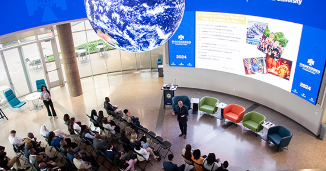 Thunderbird's tweet photo. Considering Thunderbird's Executive Master of Global Management? Join us for an in-person event on Friday, March 22, where attendees will can observe a current class, receive a campus tour, and enjoy lunch with current T-birds. Register here: https://t.co/eavTMXQfuo #EMGM https://t.co/2oQ3wyoczU