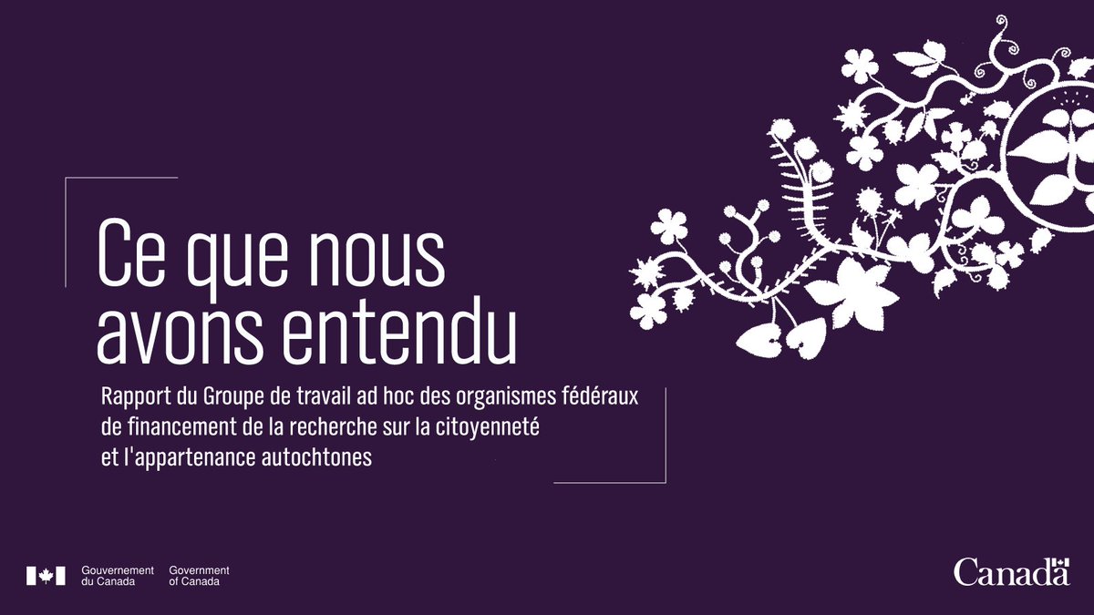 Rappel : Lisez ce rapport des organismes fédéraux de financement de la recherche, qui porte sur les perspectives autochtones sur la citoyenneté et l’appartenance autochtones ainsi que le besoin d’aller au-delà de l’auto-identification. canada.ca/fr/comite-coor…