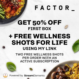 Excited to announce that today's stream is #Sponsored by @FactorMeals! I'll be exploring their delicious menu offerings today, then checking out the food next week when it arrives. Use my link to get 50% Off your first box + Free Wellness Shots: strms.net/factor75_stpea… #ad