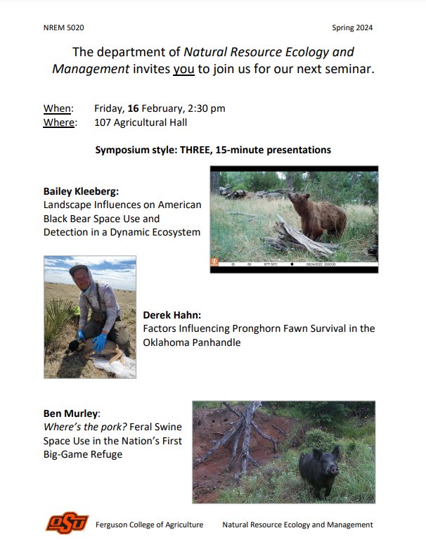 Seminar is back for Spring 2024! Come join us for talks by Bailey Kleeburg, Derek Hahn, and Ben Murley on Friday, February 16th! All are welcome to attend in person at 2:30 PM in 107 Ag Hall. See you all there!