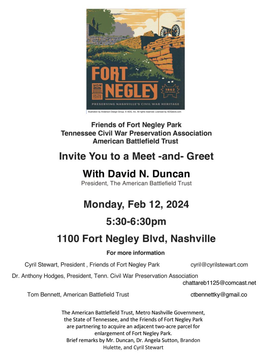 David Duncan, President of the American Battlefield Trust will be at the Fort Negley Visitor Center this coming TODAY from 5:30-6:30 and we invite you to come and meet him, and hear about the exciting history and future of @FortNegley