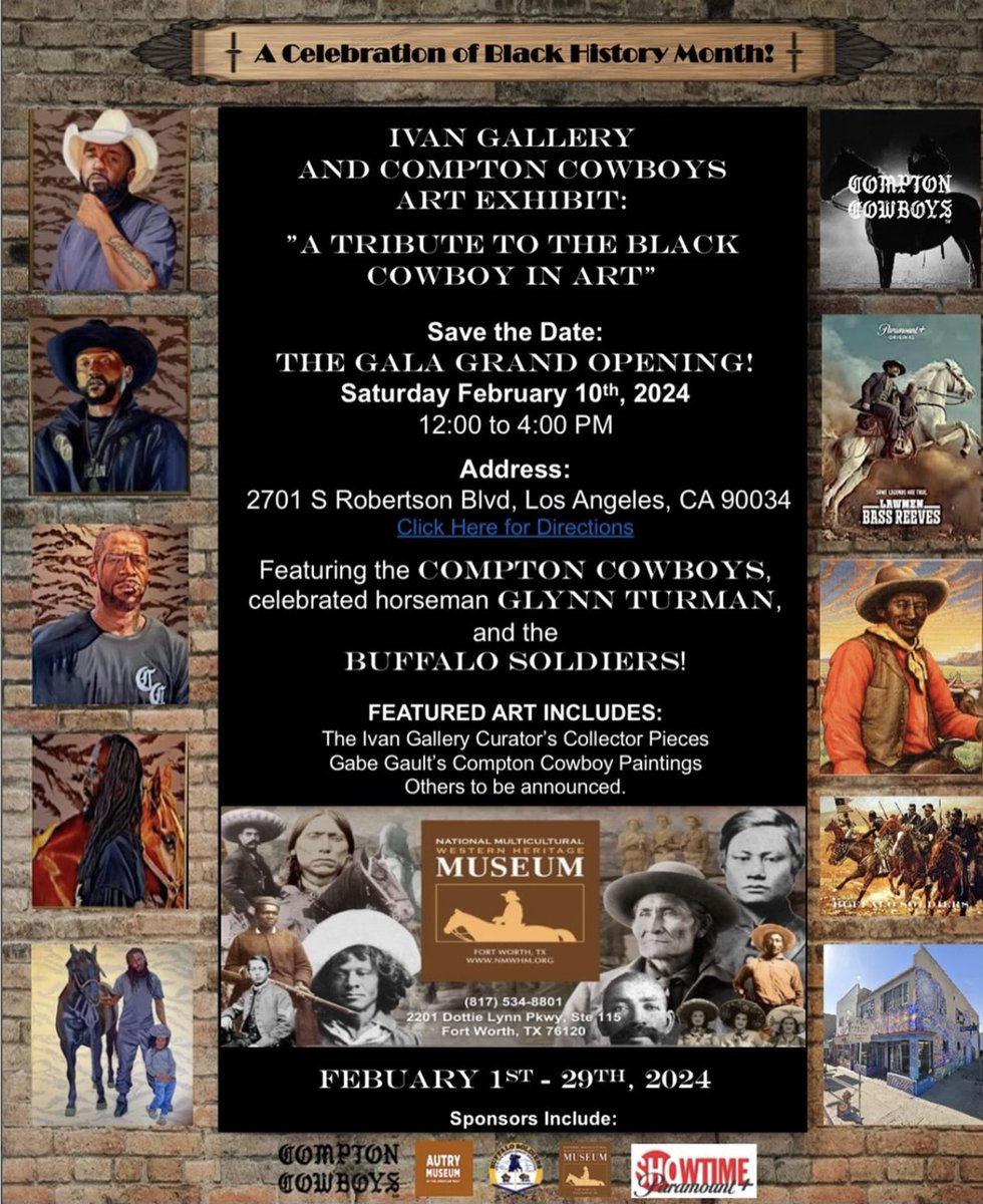 Join us on February 10th at the Ivan Gallery to honor Black History Month, featuring @comptoncowboys, celebrated horseman Glynn Turman, and the Buffalo Soldiers 🤠

Save the date now and stay tuned for more details soon! 

#BlackHistoryMonth #Cowboys