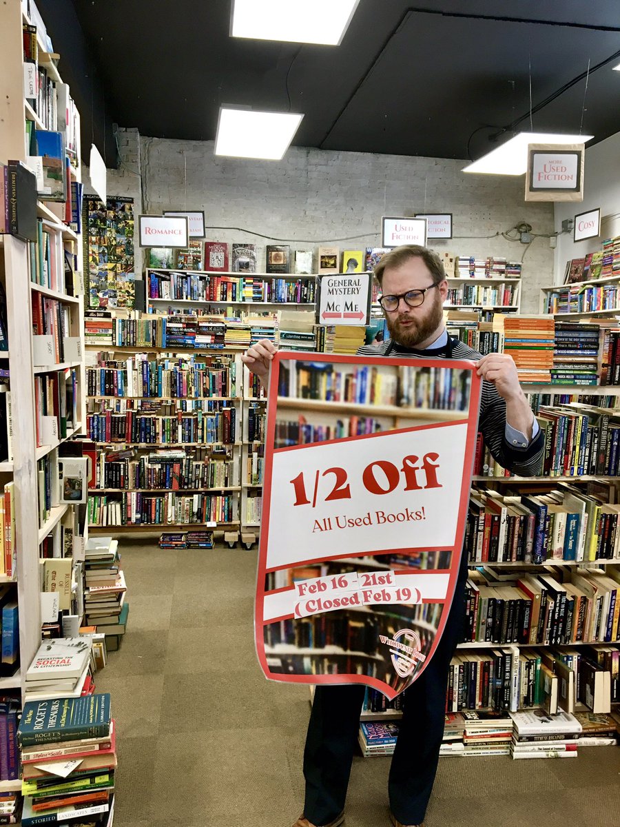 whodunitwpg's tweet image. Michael has a very serious announcement for you all today.

It’s time once again for Whodunit?’s used book sale! From February 16th to the 21st (excluding the 19th when we will be closed) or used collection will be 1/2 off for all *in-store* purchases!