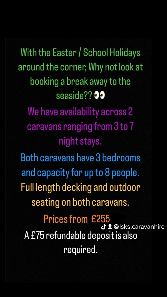 Head to Instagram @lsks_caravanhire for more info. Plenty more available dates across both caravans!  #familyholidays #ingoldmells #skegness #familyfun #ukholidays #uk #fantasyisland #viralvideos #viral #fyp #famous #caravan #foryourpage #fypシ #fypシ゚viral #fishing #fishinglake