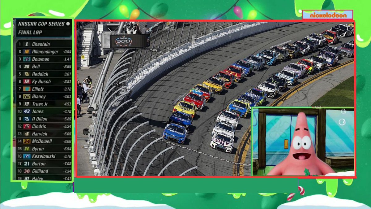 AshVandelay (@ashvandelay) on Twitter photo I need Nickelodeon to do a companion broadcast during the Daytona 500. Patrick from Spongebob explaining pack racing, drafting, drag, and restrictor plates would single-handedly solve Americaβs STEM education problem. Additionally, we get Dora explaining NASCAR overtime. I need Nickelodeon to do a companion broadcast during the Daytona 500. Patrick from Spongebob explaining pack racing, drafting, drag, and restrictor plates would single-handedly solve Americaβs STEM education problem. Additionally, we get Dora explaining NASCAR overtime.