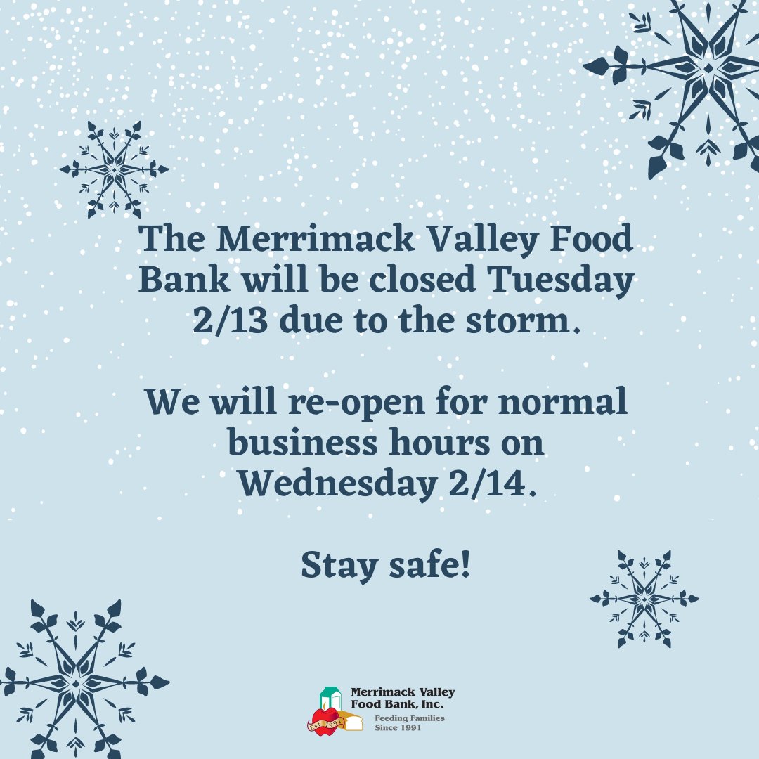 Snow day! ❄️

MVFB will be closed tomorrow, Tuesday 2/13, due to the storm. We will re-open Wednesday, 2/14 at 8 am. 

Stay safe everyone!