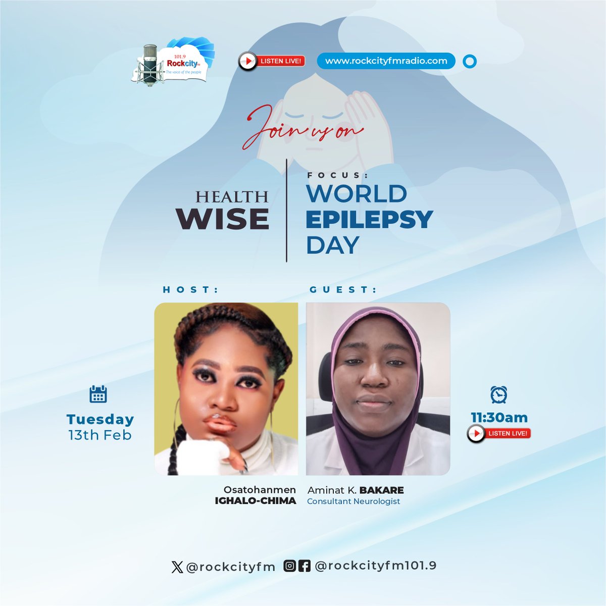 rockcityfm's tweet photo. Join @_radiopepper on #healthwise on Tues 13th Feb at 11:30am to discuss "WORLD EPILEPSY Day"

With: Aminat K. Bakare (Consultant Neurologist)

#worldepilepsyday #epilepsy #epilepsyawareness #epilepsyeducation https://t.co/QVneVA2td9