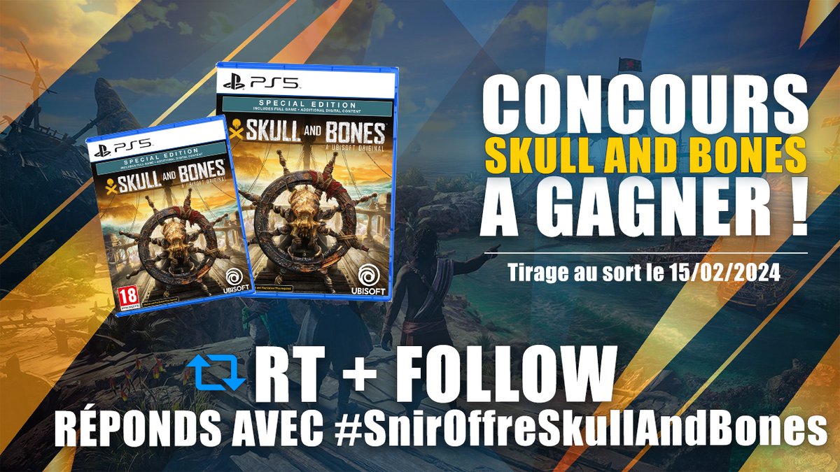 🔴 CONCOURS 🔥🎁 👉 2 clés PS5 pour la version Premium de Skull And Bones à GAGNER ! (que PS5 désolé) Pour participer : - RT le tweet 🔄 - Follow @SnirOfficiel - Rep au tweet avec #SnirOffreSkullAndBones 🍀 TAS le 15/02/2024 Merci à @UbisoftFR @skullandbonesfr pour les