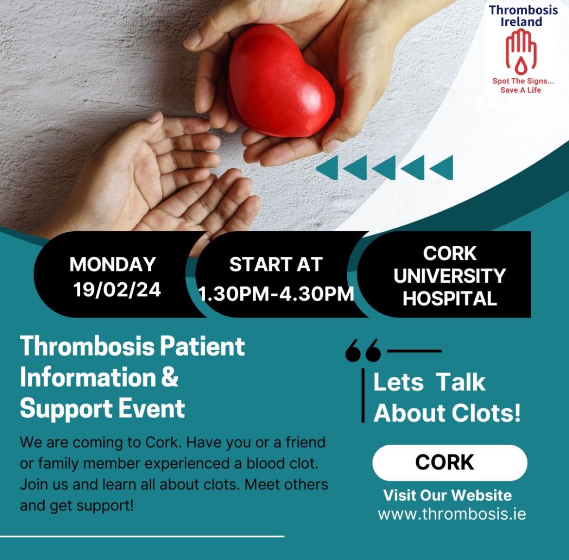 Have you or a family member experienced a blood clot?
Are you a community nurse or GP?
Join us for this free educational and support event in Cork University Hospital. Book your seat 👇

eventbrite.ie/e/814423501617…

<a href="/ICGPnews/">Irish College of GPs</a> <a href="/gpbuddy/">GPBuddy</a> <a href="/CUH_Cork/">Cork University Hospitals</a>  <a href="/NursePrimary/">PrimaryCareNurse</a> <a href="/CorkARCcancer/">Cork ARC Cancer Support House</a>