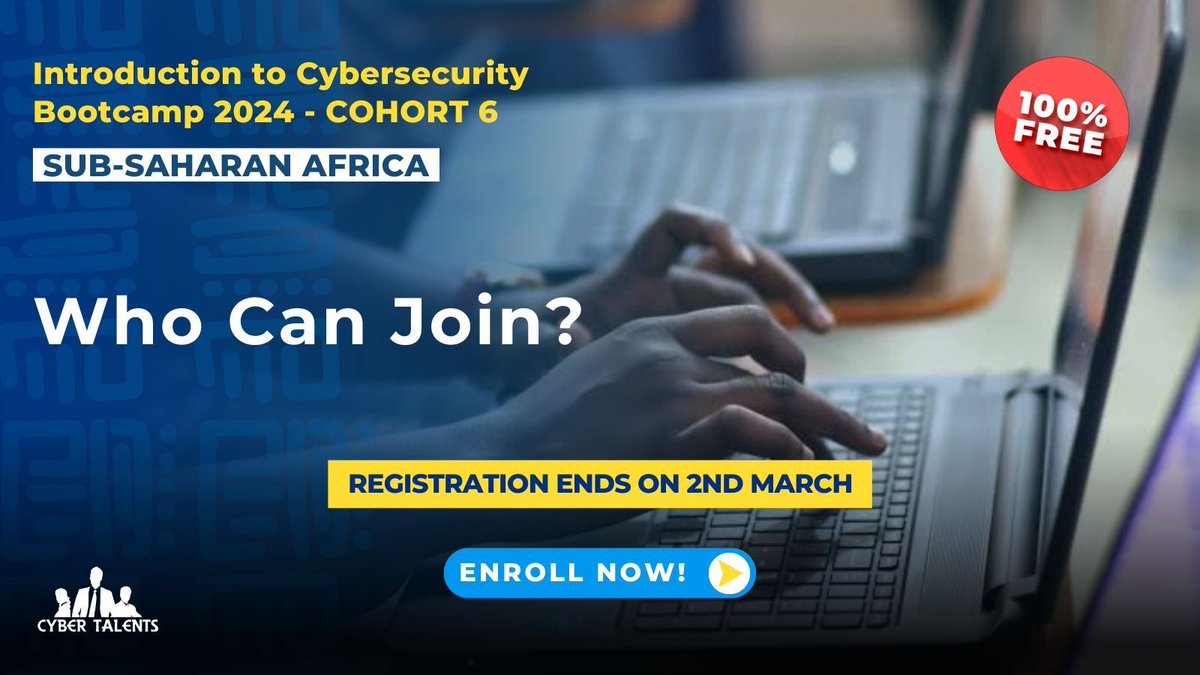 Criteria must be met by applicants to apply✔
- Resident in any Sub-Saharan African country.
- Finalize CyberTalents Certified Linux Practitioner course: buff.ly/3LecvmN
- Complete your profile on CyberTalents: buff.ly/36o3W3J

#CyberTalents #bootcamp2024 #Cohort6