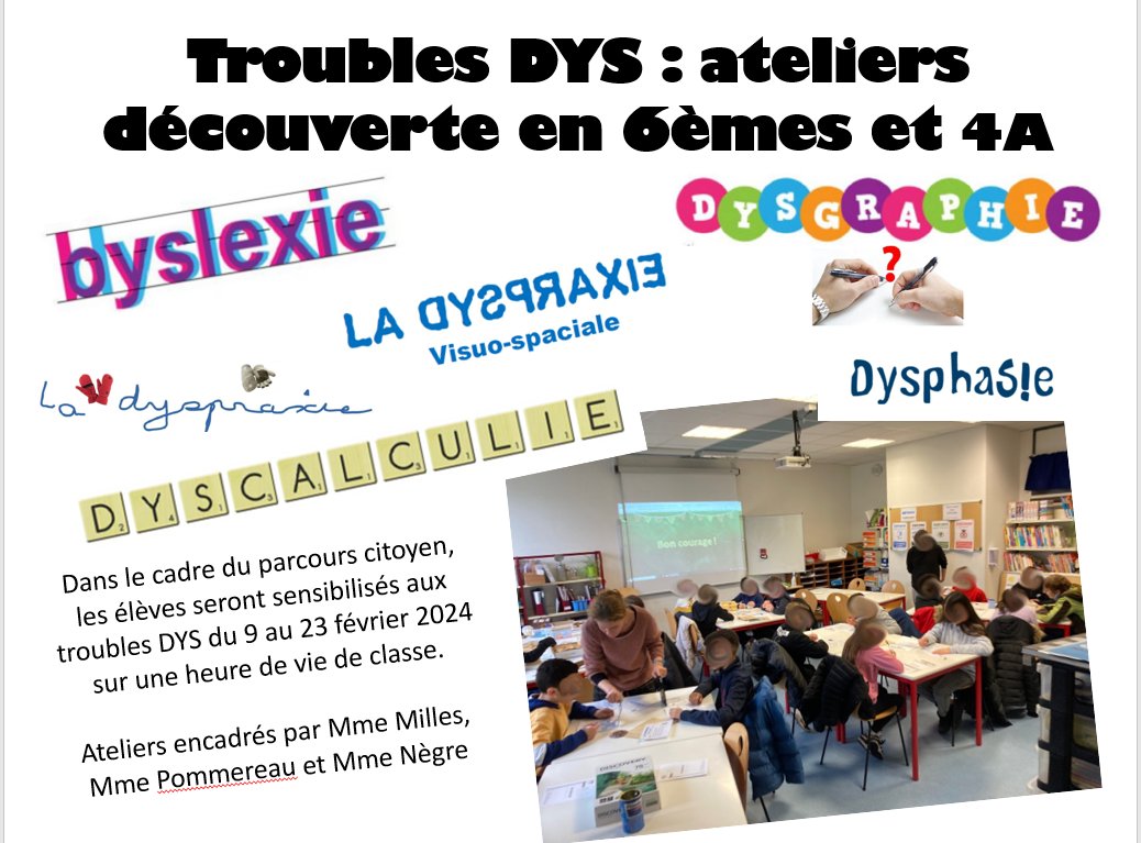 RDV au CDI pour une découverte des troubles DYS.
Un atelier proposé par les référentes inclusion, pour que les élèves prennent conscience des difficultés que certains élèves rencontrent, du fait d'un trouble dys.
Une belle manière de se mettre à leur place.