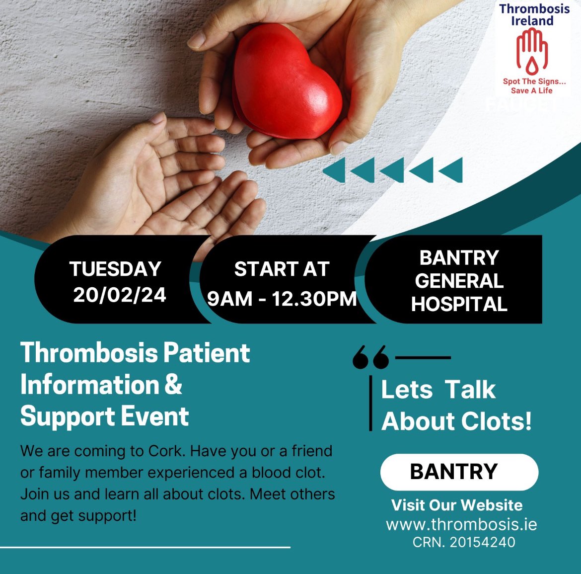 Have you or a family member experienced a blood clot?
Are you a community nurse or GP?
Join us for this free educational and support event in Bantry General Hospital. Book your seat 👇

eventbrite.com/e/815541916827…

<a href="/bantryblues/">BantryBlues</a> <a href="/BGHsswhg/">Bantry General Hospital -SSWHG</a> <a href="/Bantry_Rugby/">Bantry Bay RFC</a> <a href="/irishexaminer/">Irish Examiner</a> <a href="/CorkARCcancer/">Cork ARC Cancer Support House</a>