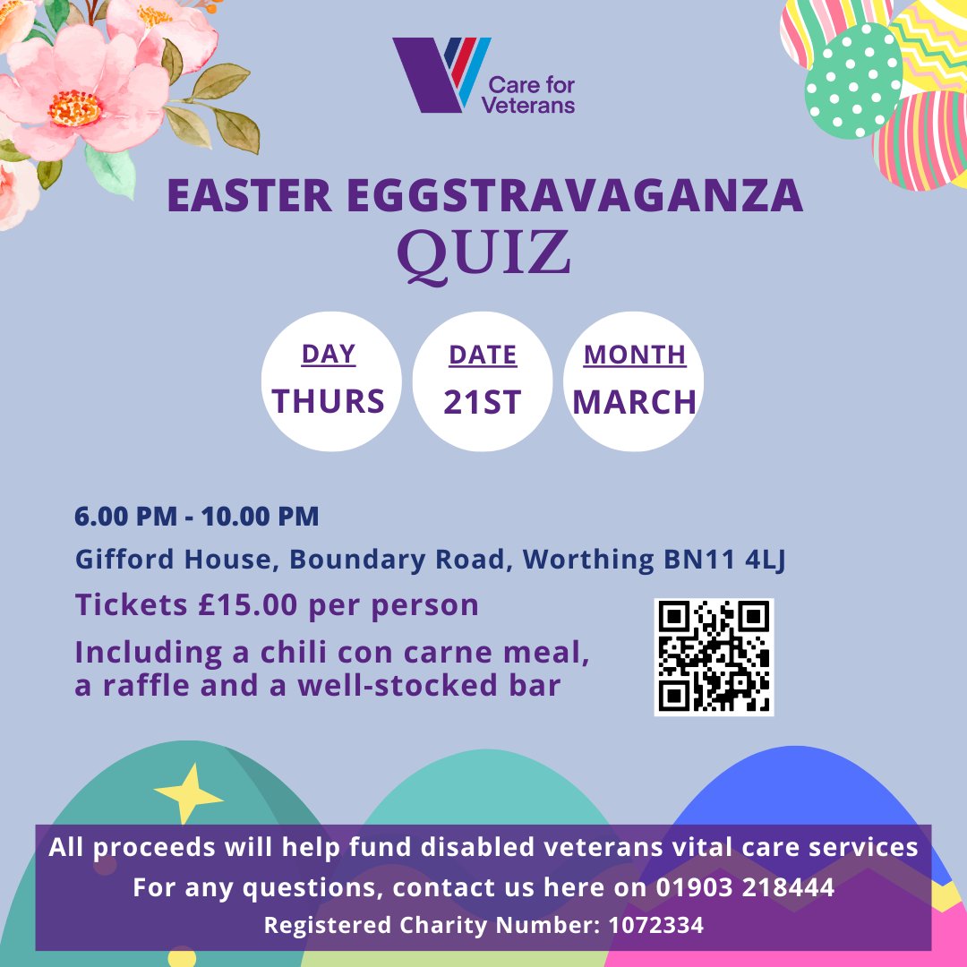 Get ready for a fantastic evening at our Easter Eggstravaganza Quiz on Thursday, 21st March! careforveterans.org.uk/events/easter-… Questions? Call us: 01903 218444 #EasterQuiz #SupportOurVeterans #FunNightOut #careforveterans #worthing