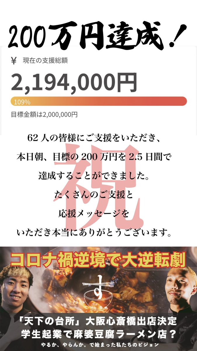 MaiOhashi's tweet photo. #開始60時間で200万円達成

皆様、本当に本当にありがとうございます。クラファン目標達成いたしました！㊗️

そしてそして、またまた重大発表

2024年2月14日20:00-緊急発表会行います、、、

何を発表するんでしょうか、、、

ヒントは、クラファン終了までまだあと2ヶ月あることです😃 https://t.co/NAoQVI12Yf