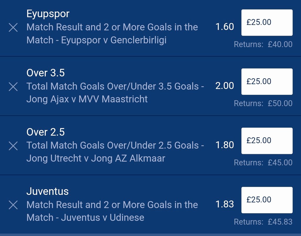 DannyReilly95's tweet photo. Plays I like the look of today. 1 unit each bet. Can play safer on Jong Ajax game with over 2.5. Pays out @ 10.47 as an acca. Singles or trebles advised. https://t.co/tCf6Ec8CKU