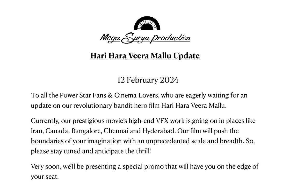 Here's an Update to all the Power Fans & Cinema Lovers! 📣 Currently the High-End VFX Works are in progress ✨ A special promo is coming your way very soon from #HariHaraVeeraMallu that will have you on the edge of your seat! 💥 @PawanKalyan @DirKrish @AgerwalNidhhi…