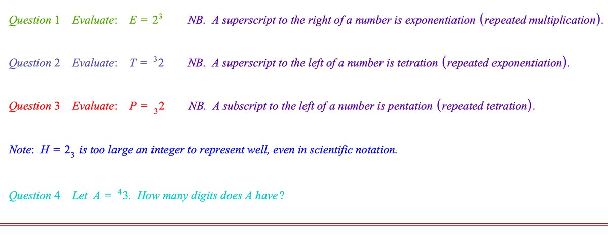USDescartes's tweet image. #POTD #Math #Arithmetic #Hyperoperations
Problem of the Day!

A couple interesting ones this week. The questions below will hopefully guide you through how to understand hyperoperations. Look things up in Wikipedia if you don&apos;t already know what they are or how to work with them!