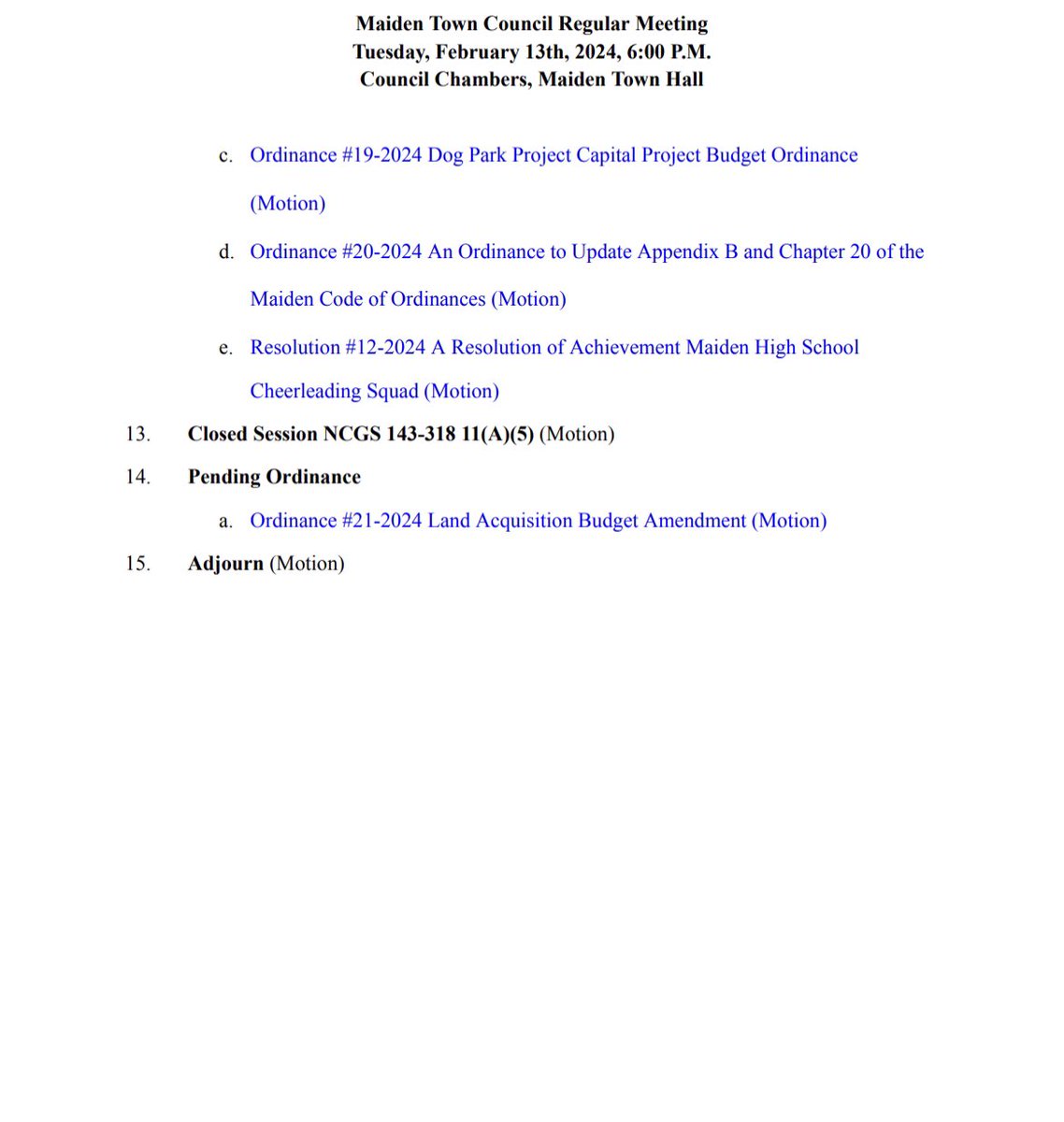 TownofMaiden's tweet photo. Agenda for tomorrow’s council meeting. https://t.co/yu5cyCqgr8