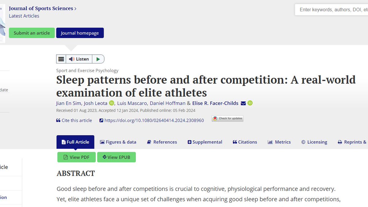 Good #sleep is crucial especially for elite athletes. This study, focusing on data collected from #elite athletes in a free-living and ecologically valid setting, reported that sleep was worse following night competitions #recovery tandfonline.com/doi/full/10.10…