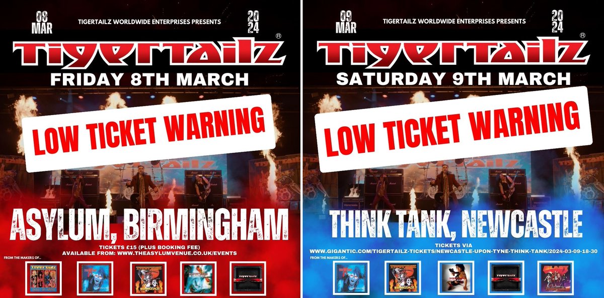 Low ticket warning on both the Birmingham @TheAsylumVenue & Newcastle Think Tank shows. Only a small amount of tickets left! Fri 8th March - Asylum, Birmingham gigantic.com/tigertailz-tic… Sat 9th March - Newcastle, Think Tank gigantic.com/tigertailz-tic…