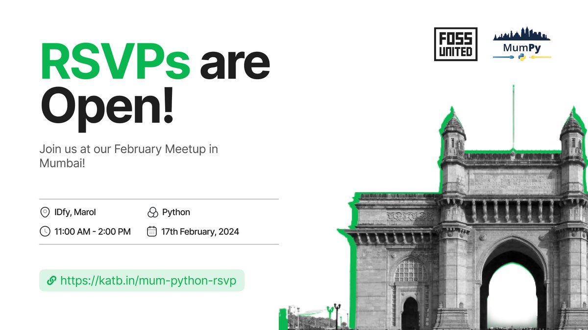 MumbaiFOSS's tweet photo. RSVPs are now open for the FOSS Mumbai Meetup in February! Reserve your spot now and Join us for an enriching morning filled with open-source insights and networking. Don't miss out! ๐
๐https://t.co/KpOkIPYtMR
#FOSSMeetupMumbai #RSVPNow #MeetupFebruary2024 #MumPy https://t.co/TuHyv7txaz