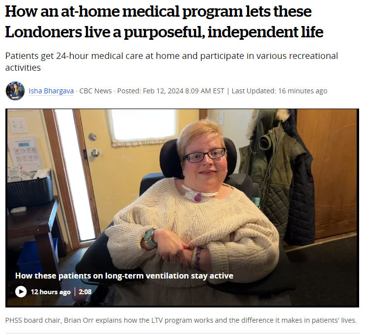 This morning, @CBCLondon published a feature on the PHSS Long-Term Ventilation (LTV) program. Thank you to @isha__bhargava & the entire team at CBC for shining a light on this important program and the lives of the people and families it supports. Link: cbc.ca/news/canada/lo…