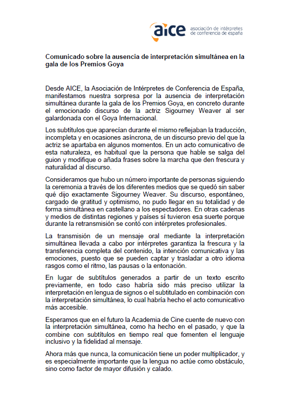 Desde AICE manifestamos nuestra sorpresa ante la ausencia de #interpretación simultánea durante la gala de los Premios Goya. Lee el comunicado completo. 👇
#Goya2024 #interpretación #interpretaciónsimultánea #1nt