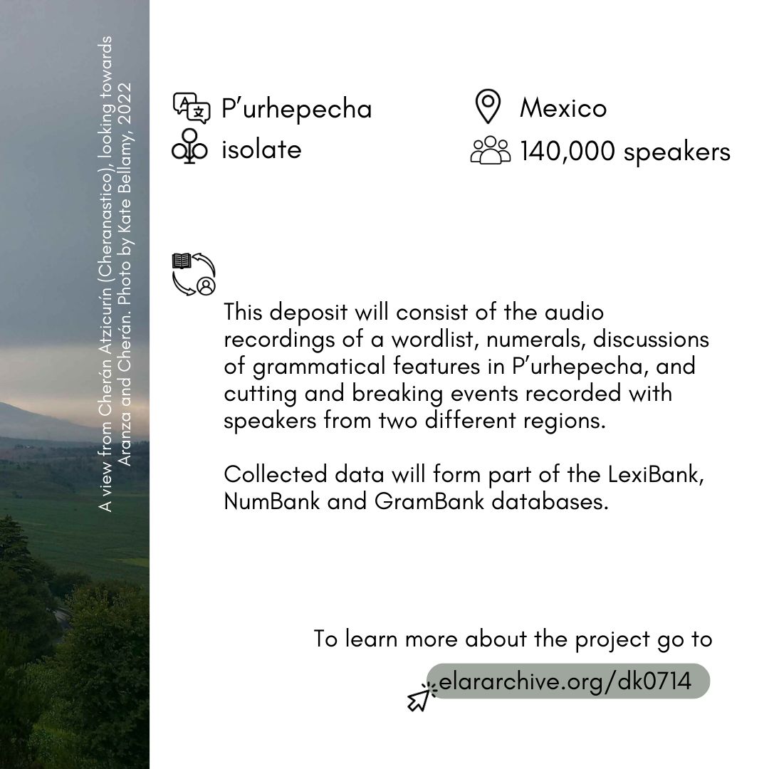 🎉 Excited to announce Kate Bellamy's forthcoming collection 'P’urhepecha recordings for LexiBank, NumeralBank and GramBank'! Learn more about the deposit and stay in the loop by following the link: hdl.handle.net/2196/965f8c40-… #Purhepecha #Mexico #EndangeredLanguages