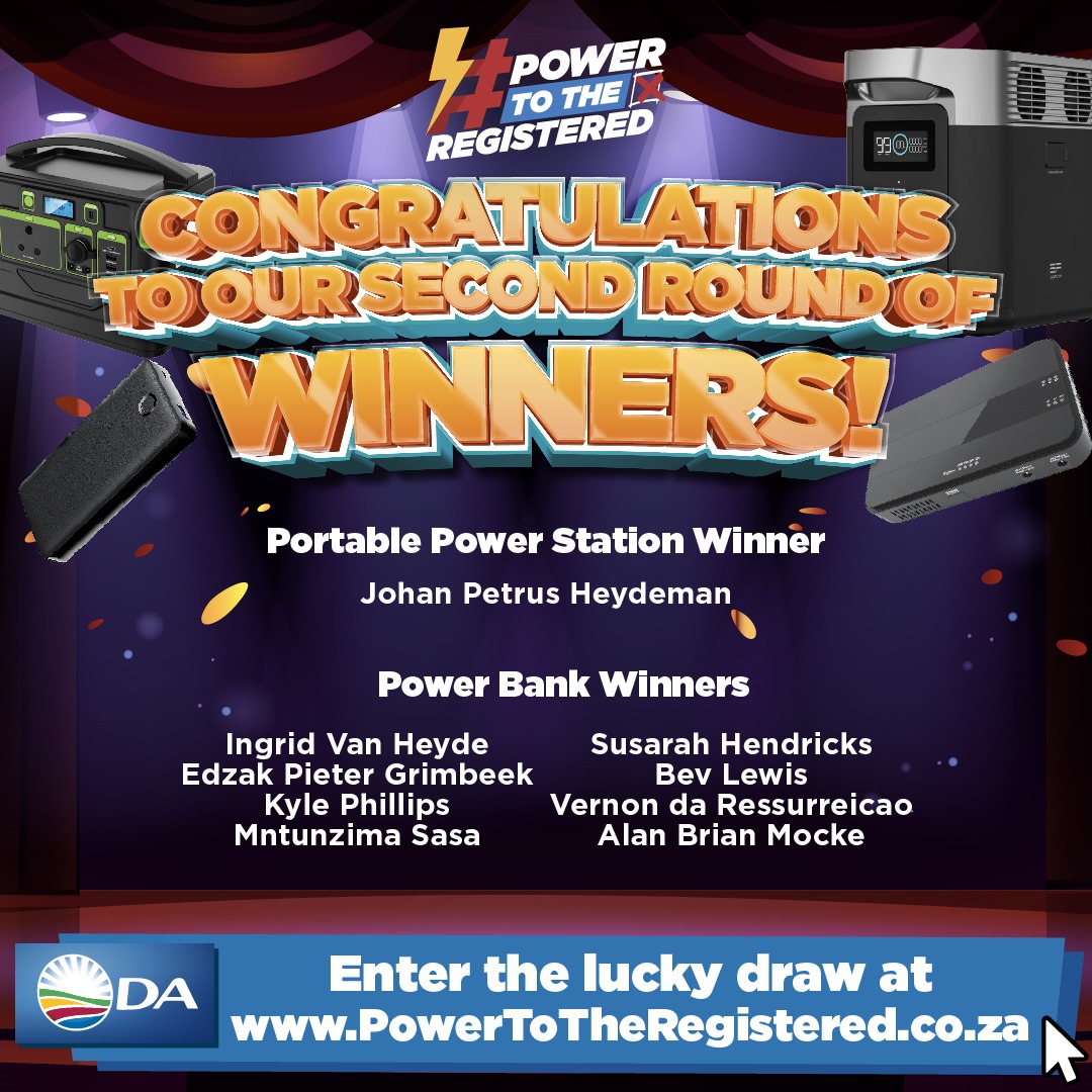 Congratulations to our #PowerToTheRegistered Winners! 🎉

You too could stand a chance to win amazing prizes and say goodbye to load-shedding inconveniences. To enter; simply register to vote and visit PowerToTheRegistered.co.za. Registration closes soon.

#RescueSA