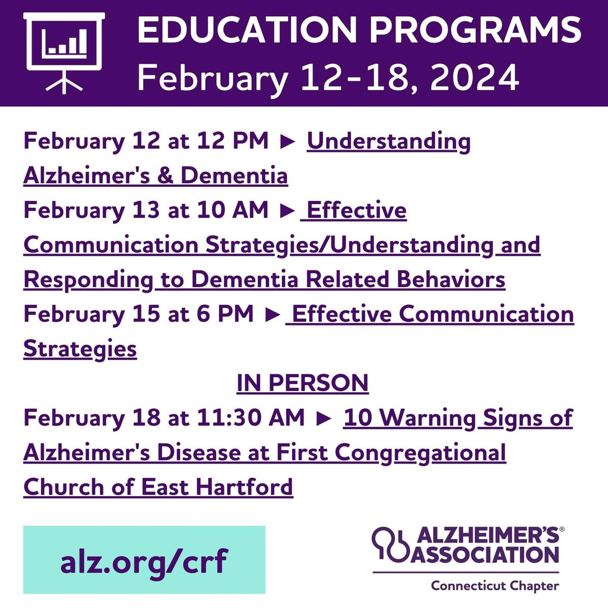 Good Monday to you. Here are some programs for the week ahead. Some virtual and some in person. You can register by heading to alz.org/crf or call 1.800.272.3900.