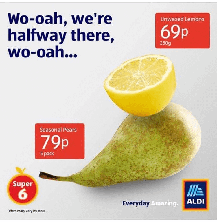 The_AdProfessor's tweet photo. 6. Aldi

Principle: Lyric Hijacking

Aldi setting up Bon Jovi's "Living on a prayer" but replacing it with a "Lemon on a pear". https://t.co/EaQaLYhkA2