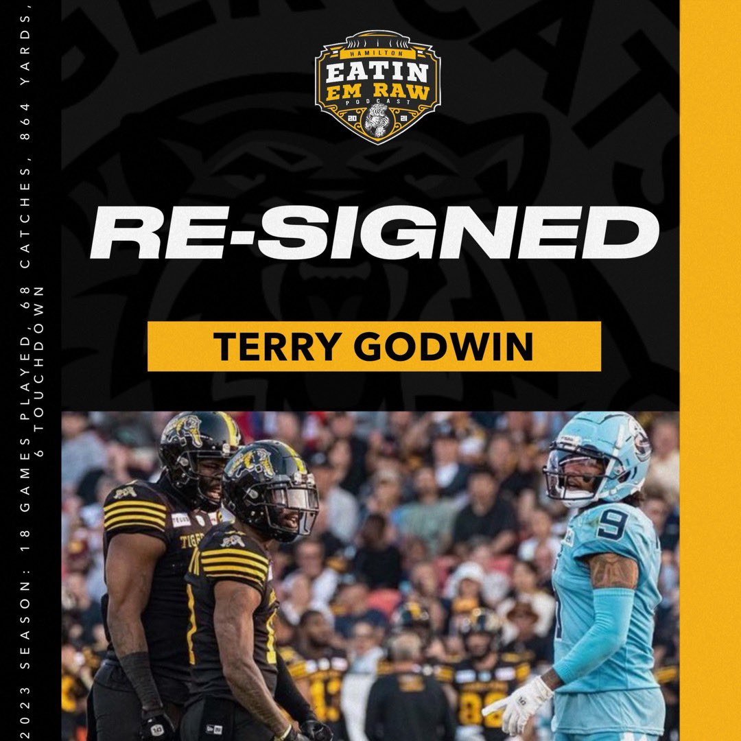 Eatin Em Raw (@_eatinemraw) on Twitter photo Report: the Hamilton Tiger-Cats have signed receiver Terry Godwin II (<a href="/TerryGodwin_4/">Terry Godwin II</a>) to a one year contract extension.
Godwin finishes the 2023 campaign with 68 catches, 864 yards and six touchdowns.
Welcome back, Terry! 🔥
#Ticats #CFL #HamONT Report: the Hamilton Tiger-Cats have signed receiver Terry Godwin II (<a href="/TerryGodwin_4/">Terry Godwin II</a>) to a one year contract extension.
Godwin finishes the 2023 campaign with 68 catches, 864 yards and six touchdowns.
Welcome back, Terry! 🔥
#Ticats #CFL #HamONT