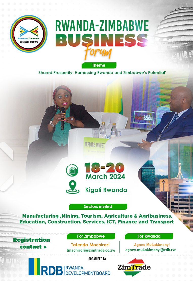 Have you ever wanted to do business with Rwanda?  Now is your chance to attend the Rwanda-Zimbabwe business forum from 18-20 March in Kigali! If you have a business in the sectors mentioned, get in touch with us to get more details! 
#EnergizingExports 
<a href="/RDBrwanda/">Rwanda Development Board</a>