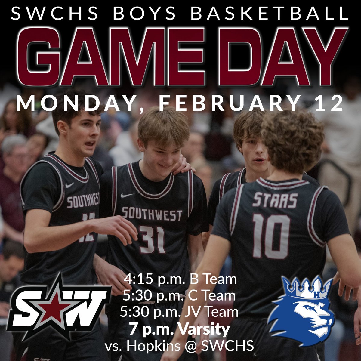 GAME DAY!🏀

🗓️ February 12th
⏰ 7:00pm
📍 SWCHS
🆚 Hopkins
📺 fan.hudl.com/usa/mn/chaska/…
🎟️ gobound.com/mn/schools/swh…