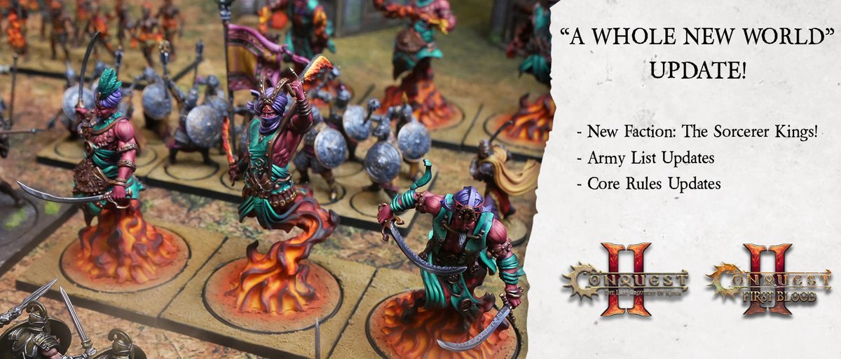 PBWargames's tweet photo. The "A Whole New World" rules update for TLAOK and First Blood is now live!

- New Faction: The Sorcerer Kings!
- Army Lists Update
- Core Rules Update

You can download the new Rules and Army Lists for FREE here:
https://t.co/prYfyjN9Jz

#Conquest #ParaBellumGames https://t.co/s6anbGtpcN