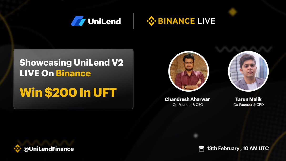 1/Ready to Make Every Digital Asset Productive?🔋

Catch our co-founders <a href="/0xchandresh/">Chandresh Aharwar</a> <a href="/TarunMalikk/">Tarun Malik | 🛠 Unilend</a> showcasing #UniLendV2 LIVE on @Binance for the first time!📺

Win $200 in #UFT🎁

✅RT, Follow <a href="/UniLend_Finance/">UniLend Finance</a>
✅Drop your questions
✅Invite 3 friends

⏰13th Feb., 10 AM UTC

Set