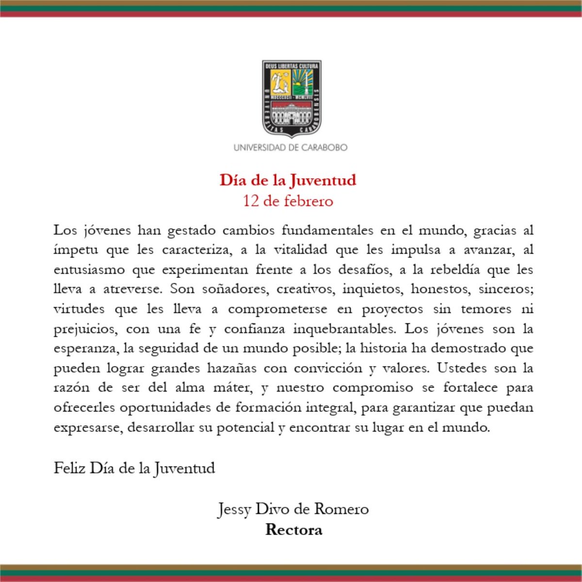 jessydivo's tweet photo. Los jóvenes son la esperanza,la seguridad de un mundo posible…con convicción y valores pueden alcanzar sueños compartidos.Desde mi amada ⁦@UCarabobo⁩ hoy los reconocemos https://t.co/eC3MBT9sxU
