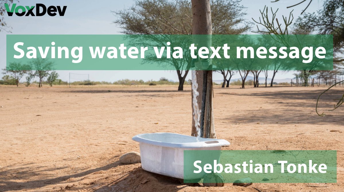 VoxDev (@vox_dev) on Twitter photo Providing a short list of specific saving strategies ⬇️ water consumption by 5% in #Namibia 🇳🇦. Raising awareness & asking households to find their own strategies was ineffective.
<a href="/SebastianTonke/">Sebastian Tonke</a> outlines evidence on promoting water conservation: voxdev.org/topic/energy-e… Providing a short list of specific saving strategies ⬇️ water consumption by 5% in #Namibia 🇳🇦. Raising awareness & asking households to find their own strategies was ineffective.
<a href="/SebastianTonke/">Sebastian Tonke</a> outlines evidence on promoting water conservation: voxdev.org/topic/energy-e…