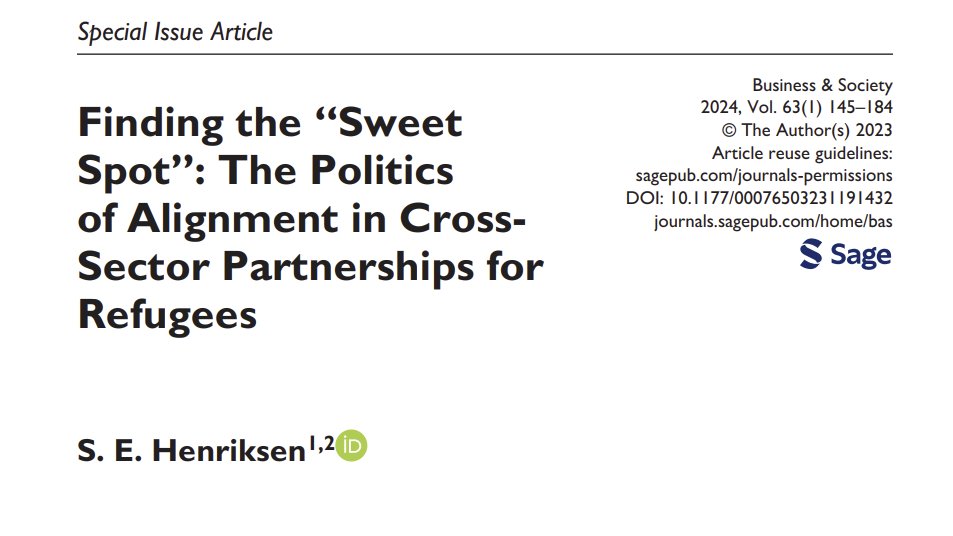 Check out this new study by Henriksen (<a href="/CBScph/">Copenhagen Business School</a>) examining how alignment between humanitarian and business interests is pursued and constructed in refugee-focused cross-sector #partnerships. #refugeecrisis. Read more here: doi.org/10.1177/000765…