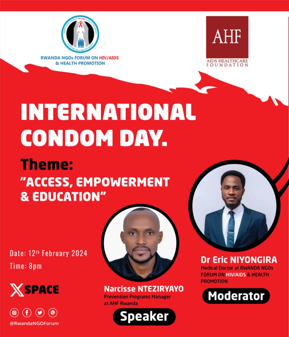 To educate and empower the audience on condom access ahead of #InternationalCondomDay 2024, today, @RwandaNGOForum in partnership with @AHFRwanda, will host X Space from 8pm. Join us for engaging discussions. twitter.com/i/spaces/1PlJQ…