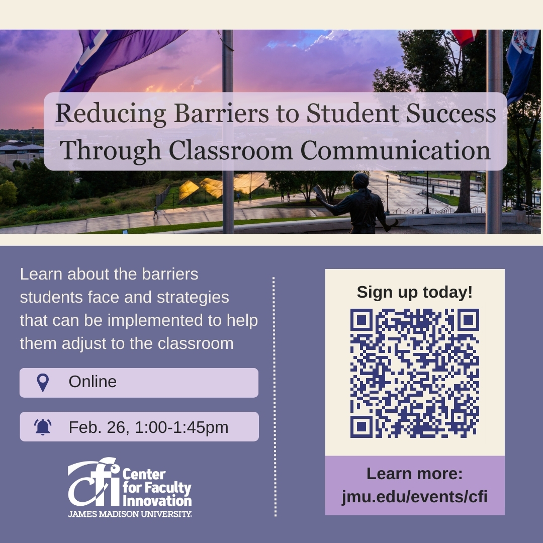 jmuCFI's tweet image. Join this presentation to learn strategies for leveraging your classroom communication to connect with students and improve student learning, even at the semester's midpoint. Sign up today: ow.ly/XLhR50QzKhi

#JMUCFI  #ClassroomCommunication #StudentEngagement