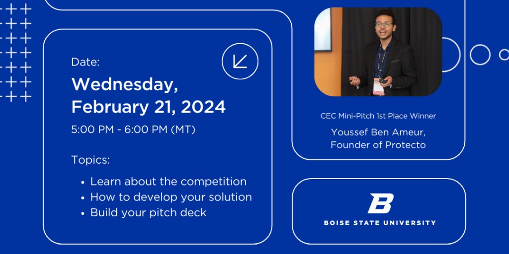 Venture College is offering a larger Cybersecurity Entrepreneur Challenge Pitch Competition this spring in partnership with @boisestatecs & @BoiseStateIPC. 📅 Wednesday, February 21 🕔 5 pm - 6 pm (MT) 📹 Virtual 🔗 boisestate.zoom.us/j/91623705565?…