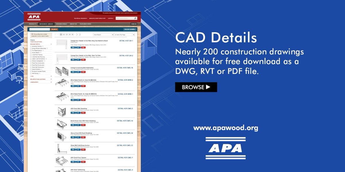 APAwood's tweet image. Did you know we have nearly 200 recently updated computer-aided design (CAD) details for wood-frame construction available for free download? Browse > apawood.ly/vrJe50QzNWg
#ComputerAidedDesign #WoodConstruction