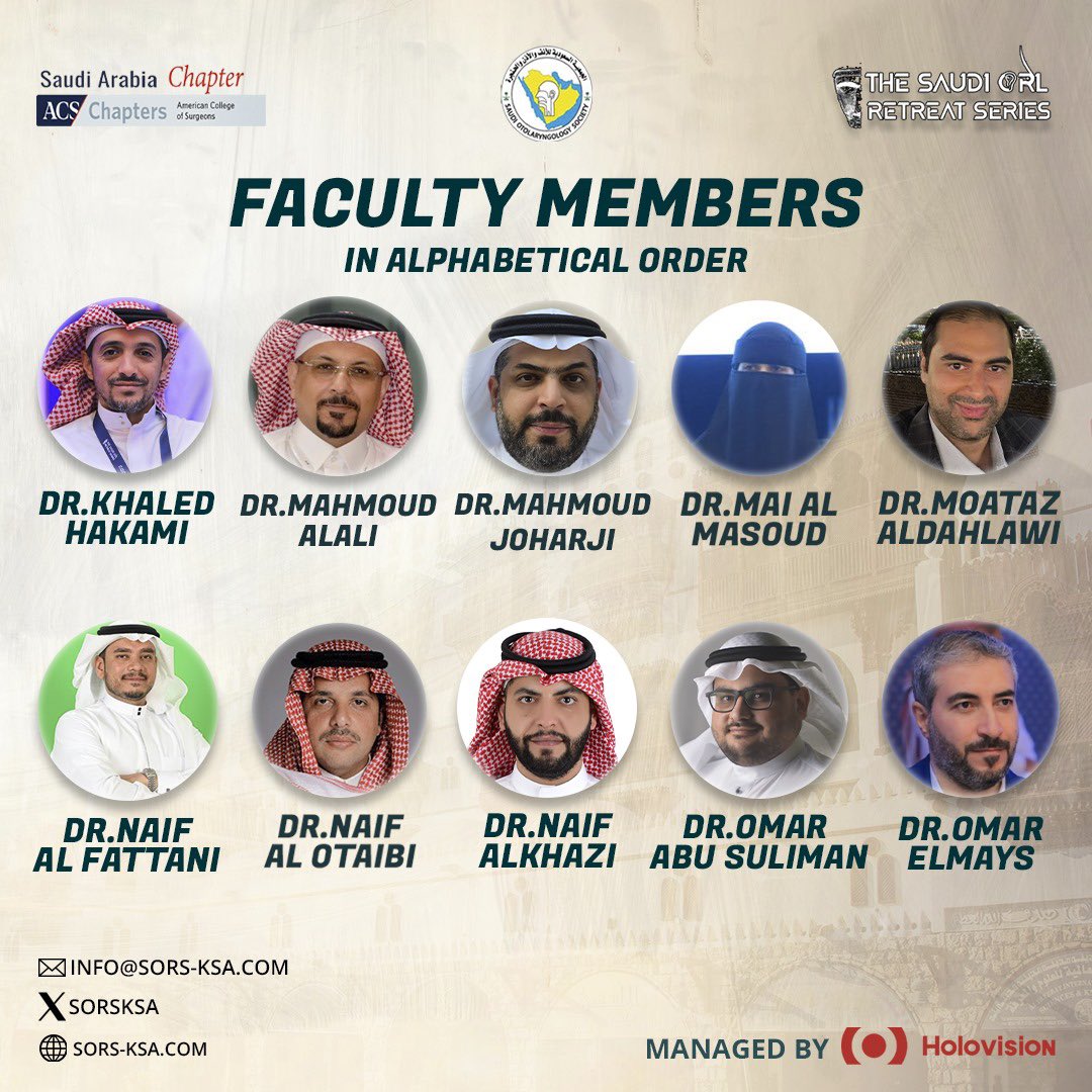 SorsKsa's tweet photo. The 2nd Rhinology Retreat welcomes its esteemed Honorary Faculty Chairmen! Join us for an exceptional learning experience in Jeddah, To Register visit our official website: https://t.co/qNpGnWNog3 

#RhinologyRetreat #Jeddah #KSA #ENT #Holovision #SORS https://t.co/G9ukWU3yrU
