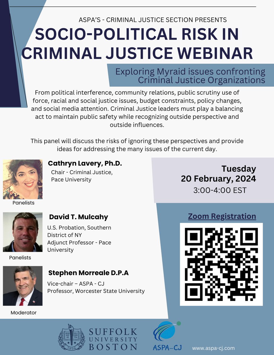 📣Join us for our first webinar in our webinar series! 

Tuesday, February 20th 
3:00-4:00 EST

Discussions revolving the social-political risks in criminal justice. 

Register using the link in our bio or scan the QR code!!