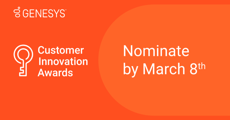 Genesys's tweet photo. Have you submitted your nomination for the 2024 Genesys Customer Innovation Awards? 

We are looking to celebrate those leading the charge in #CX and #EX. 

Eight winners will join us at #Xperience24 to be honored!