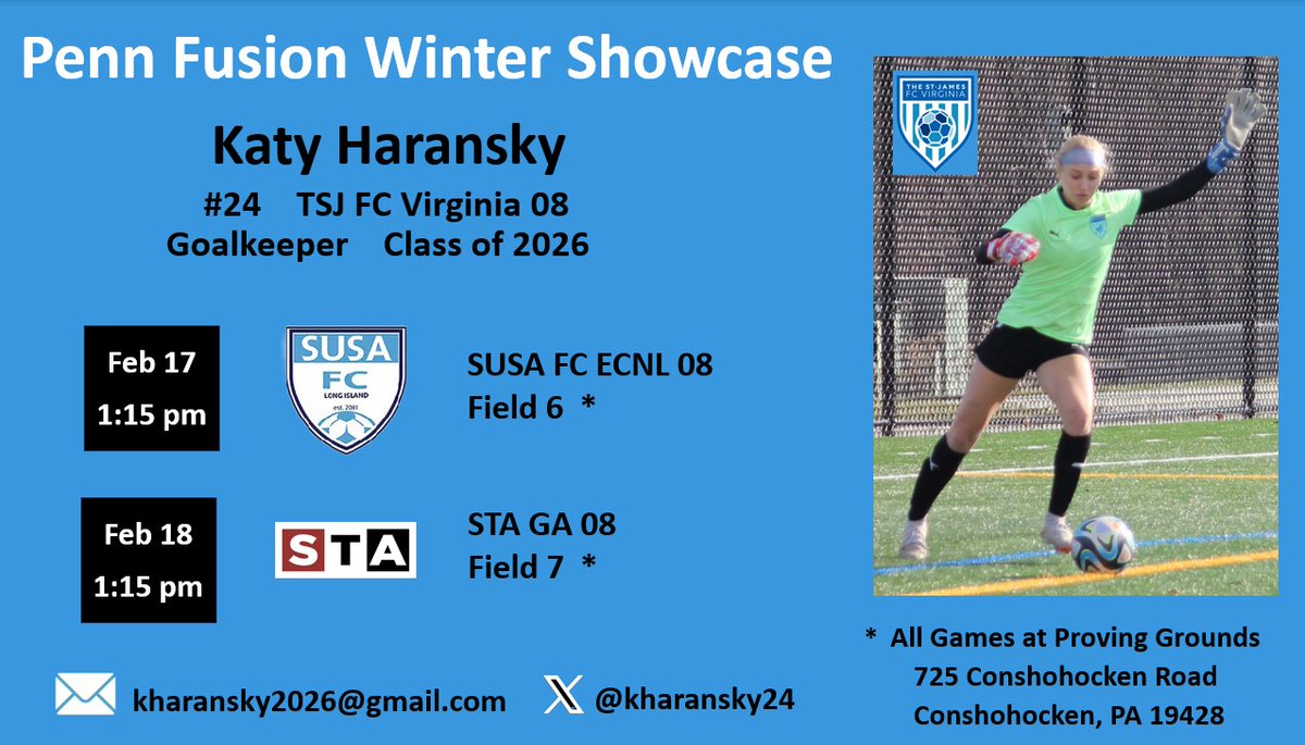 Penn Fusion Winter Showcase in Conshohocken, PA on Feb 17 and 18. I'm looking forward to playing with my @TSJ_FCVirginia 08 team against some great competition. Coaches, come check us out. @bobbypup @CCZ_FCV #GKunion