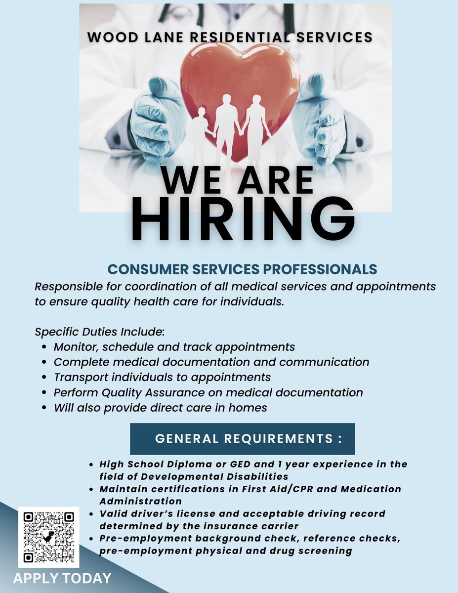 WLRS1979's tweet photo. 🚨WE ARE HIRING🚨
⏺Consumer Services Professional
✔ Responsible for coordination of all medical services &amp; appointments to ensure quality health care for the individuals we serve.
🖱See FLYER below or click: https://t.co/vSrGCQstFe https://t.co/iSG4w6owLB