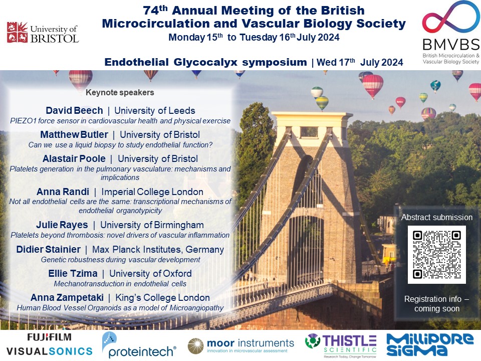 We are delighted to invite you to the #BMVBS24 meeting, July 15th-16th and an Endothelial Glycocalyx Symposium on July 17th in Bristol, UK.
Abstract submissions are now open (deadline on 08/05/2024!). Submit your abstract at app.oxfordabstracts.com/stages/28606/s…
 #microcirculation #glycocalyx